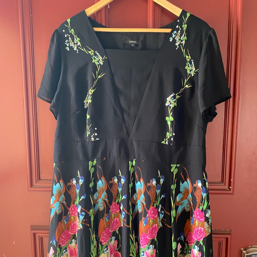 Floryday Silky Square Neckline Short Sleeve Floral Black Midi‎ Dress Size XL